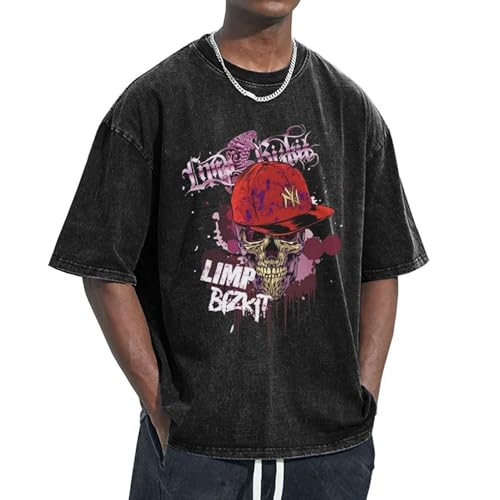 Unisex Bizkit Rap Rock Band Limp T-Shirt Baumwolle T-Shirt Antik Waschverfahren Abgesenkte Schulter Kurzarm für Büro Wochenenden und sportliche Aktivitäten von LANIPASTUA