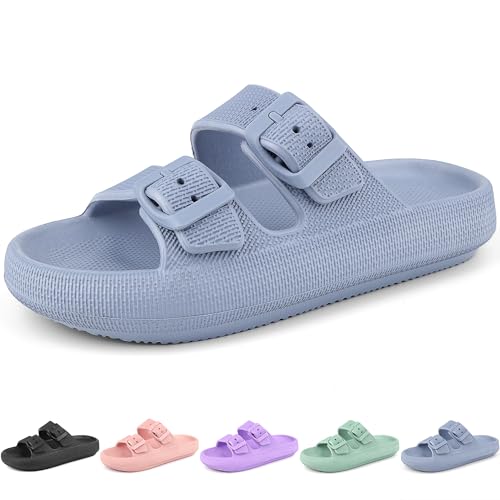 LANIVIC Kids Cloud Slides Mädchen Jungen Doppelschnalle Slip On Sandalen Jugend Verstellbare Flip Flops Sommer Weiche Kissen Hausschuhe EVA Flache Strand Pool Dusche Schuhe, Blau, 5 Big Kid von LANIVIC