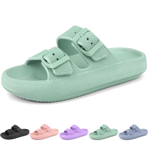 LANIVIC Kids Cloud Slides Mädchen Jungen Doppelschnalle Slip On Sandalen Jugend Verstellbare Flip Flops Sommer Weiche Kissen Hausschuhe EVA Flache Strand Pool Dusche Schuhe, Grün , 3 Big Kid von LANIVIC