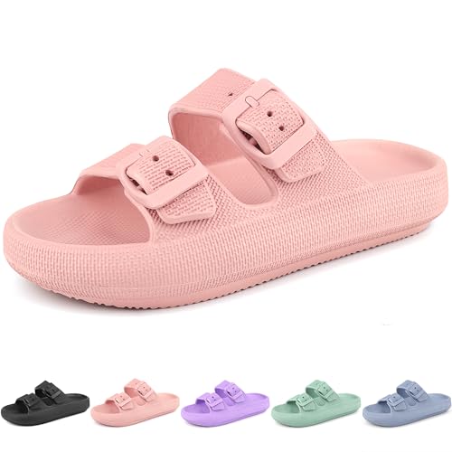 LANIVIC Kids Cloud Slides Mädchen Jungen Doppelschnalle Slip On Sandalen Jugend Verstellbare Flip Flops Sommer Weiche Kissen Hausschuhe EVA Flache Strand Pool Dusche Schuhe, Pink, 2 Little Kid von LANIVIC