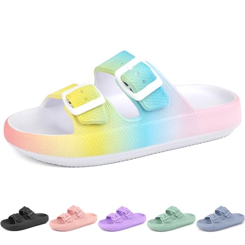 LANIVIC Kids Cloud Slides Mädchen Jungen Doppelschnalle Slip On Sandalen Jugend Verstellbare Flip Flops Sommer Weiche Kissen Hausschuhe EVA Flache Strand Pool Dusche Schuhe, Regenbogen, 4 Big Kid von LANIVIC