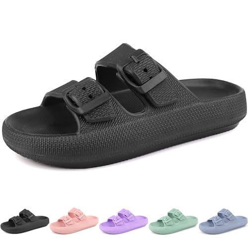 LANIVIC Kids Cloud Slides Mädchen Jungen Doppelschnalle Slip On Sandalen Jugend Verstellbare Flip Flops Sommer Weiche Kissen Hausschuhe EVA Flache Strand Pool Dusche Schuhe, Schwarz, 2 Little Kid von LANIVIC