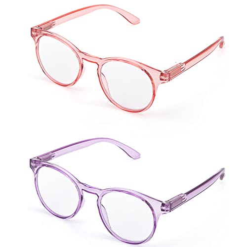 LANLANG 2er-Pack Blaulichtfilter Lesebrille 0,0 für Damen mit 2 Mode farben, Anti Eyestrain Anti UV Lesebrille mit 0-3,5 Dioptrien Transparente Rosa/Transparente Lila Runde rahmen von LANLANG