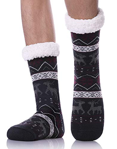 LANLEO Herren-Socken, flauschig, geriffelt, superweich, warmes Fleecefutter, gestrickt, rutschfeste Wintersocken, Schneeflocke Hirsch Marineblau, 6-12 von LANLEO