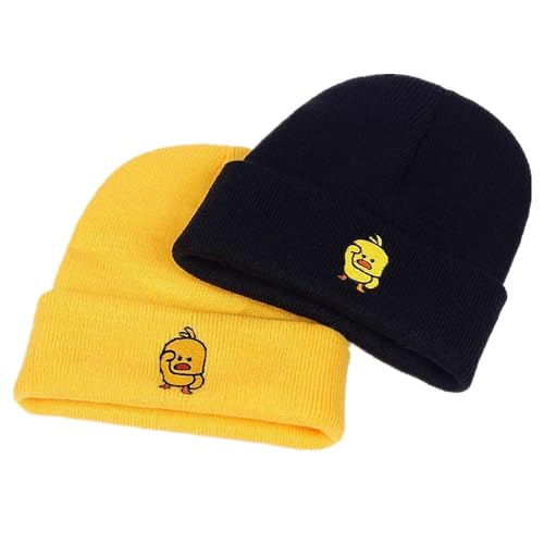 LANLYLGQ 2Stück Beanie Unisex Herren Damen Wintermütze Strickmütze Warmmütze Skimütze Stickerei Ente Smiley Face (Ente-Schwarz&Gelb) von LANLYLGQ