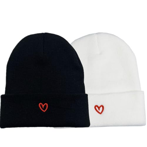 LANLYLGQ 2Stück Beanie Unisex Herren Damen Wintermütze Strickmütze Warmmütze Skimütze Stickerei Ente Smiley Face (Herz-Schwarz&Weiß) von LANLYLGQ