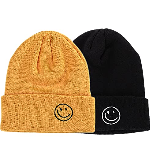 LANLYLGQ 2Stück Beanie Unisex Herren Damen Wintermütze Strickmütze Warmmütze Skimütze Stickerei Smiley Face (Schwarz+Gelb C) von LANLYLGQ