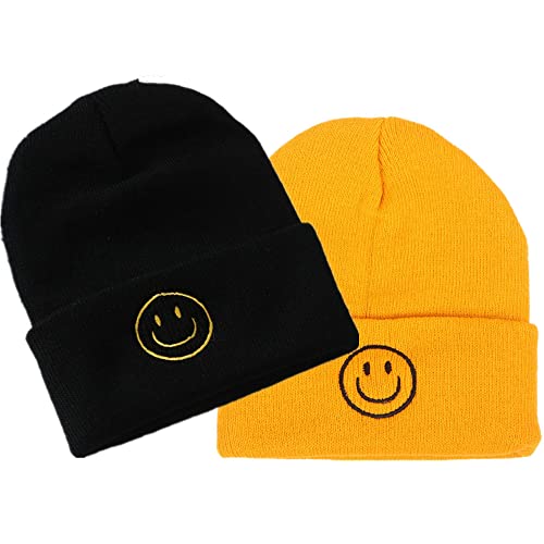 LANLYLGQ 2Stück Beanie Unisex Herren Damen Wintermütze Strickmütze Warmmütze Skimütze Stickerei Smiley Face (Schwarz+Gelb Z) von LANLYLGQ