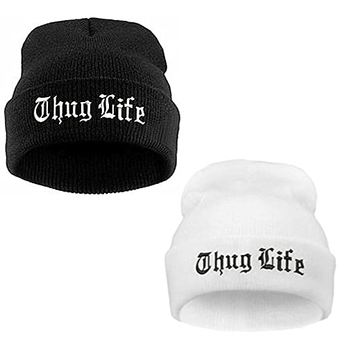 LANLYLGQ 2Stück Strickmütze Thug Life Beanie Unisex Herren Damen Warmmütze Wintermütze Skimütze (Schwarz+Weiß) von LANLYLGQ