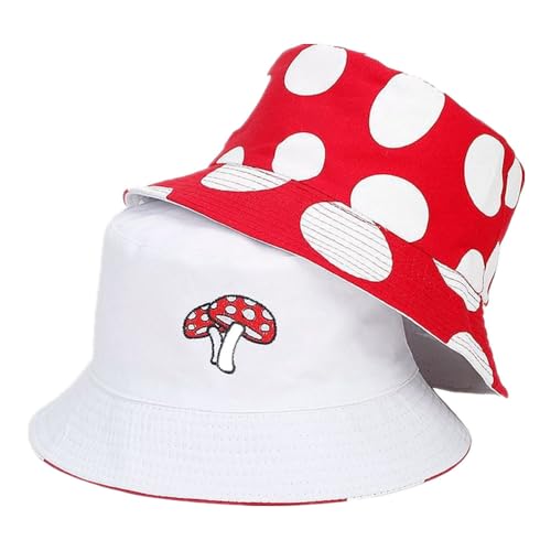 LANLYLGQ Fischerhut Beidseitig Tragen Unisex Herren Damen Sonnenhut UV Schutz Sommerhut Bucket Hat (Baumwolle, Pilz-Rot) von LANLYLGQ