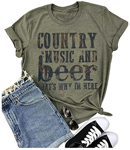 Country Music and Beer Lustiges Trinkshirt für Frauen Sommer Urlaub T Shirts Vintage Country Shirts Tops, Grün , Mittel von LANMERTREE