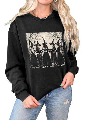 LANMERTREE Girls Will Be Mädchen Halloween-Sweatshirts Frauen Vintage Hexe Halloween Tops Rundhalsausschnitt Halloween Pullover Tops, Mädchen-Schwarz, L von LANMERTREE
