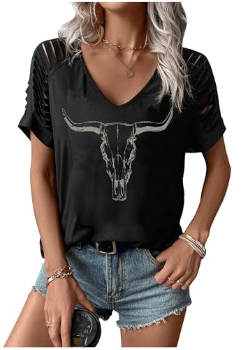 LANMERTREE T-Shirt mit V-Ausschnitt, Nashville-Outfits für Damen, lässig, lockeres Hemd, Country-Musik, Grafik-T-Shirt, Schwarze Kuh, XX-Large LANMERTREE T-Shirt mit V-Ausschnitt, Nashville-Outfits für Damen, lässig, lockeres Hemd, Country-Musik, Grafik-T-Shirt, Schwarze Kuh, XX-Large von LANMERTREE