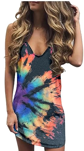 Live Simple Coconut Tree Ärmelloses Minikleid Sommer Strand Minikleid Damen Sommer Casual Sexy V Ausschnitt Mini Tank Kleid, Grauer Regenbogen1, Groß von LANMERTREE