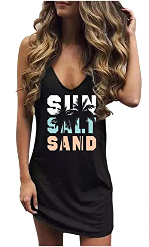 Live Simple Coconut Tree Ärmelloses Minikleid Sommer Strand Minikleid Damen Sommer Casual Sexy V Ausschnitt Mini Tank Kleid, Sun Salt Black, Groß von LANMERTREE