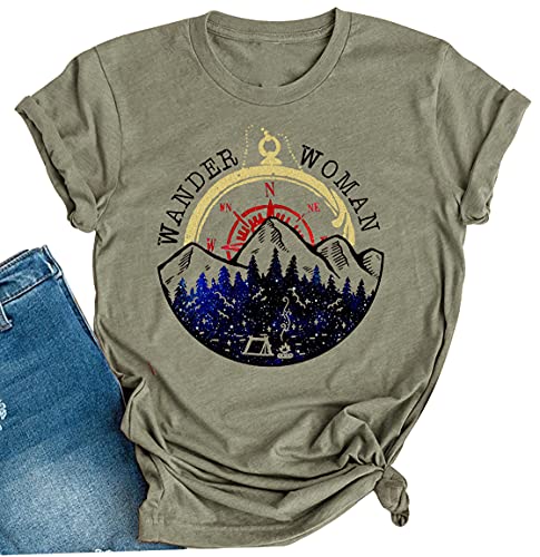 Wander Damen Berg Camping T-Shirt Sommer Camping Wandern Urlaub Shirts Teen Mädchen Lustige Wald Camper Tees Tops, Grün , Groß von LANMERTREE