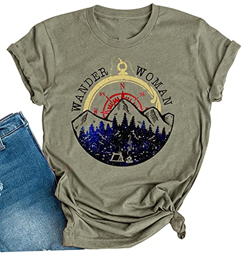 Wander Damen Mountain Camping T-Shirt Sommer Camping Wandern Urlaub Shirts Teen Mädchen Lustig Wald Camper Tees Tops, Grün , Mittel von LANMERTREE