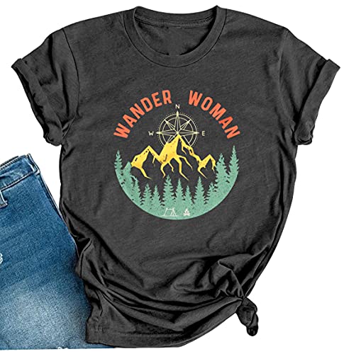 Wander Damen Mountain Camping T-Shirt Sommer Camping Wandern Urlaub Shirts Teen Mädchen Lustig Wald Camper Tees Tops, grau dunkel, Klein von LANMERTREE