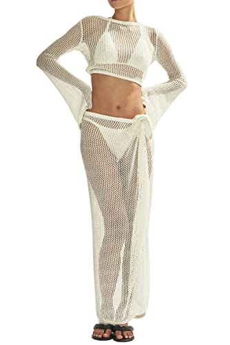 LANNEW Damen Badeanzüge Cover Ups Set für Häkeln Badeanzug Hollow Out 2 Stück Bikini Coverup Strand Bademode, Weiss/opulenter Garten, S von LANNEW