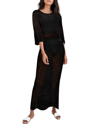 LANNEW Damen Crochet Cover Ups für Bikini Badeanzug Halbarm Badeanzug Regenbogen Bademode Lange Strandkleider, Schwarz, Small von LANNEW