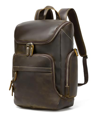 LANNSYNE Retro-Rucksack aus Rindsleder für Herren, passend für 40,6 cm (16 Zoll) Laptop-Rucksack, Reisen, Wochenend-Tagesrucksack, Braun, Large, Daypack Rucksäcke von LANNSYNE