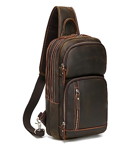 LANNSYNE Umhängetasche aus Vollnarbenleder für Herren, Crossbody-Brusttasche, Tagesrucksack, passend für 12,9 Zoll iPad, Braun, Medium von LANNSYNE