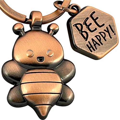 LANOLU Schlüsselanhänger Biene Bee Happy, Mutmacher Geschenk, Glücksbringer Schlüsselanhänger Glück, Gärtner Geschenke, Schlüsselanhänger Partner, Hummel Biene Anhänger als Metall Figur von LANOLU