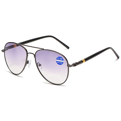 Lanomi Bifokale Pilot Lesebrille Blaulichtfilter Metall Sonnenbrille mit Sehstärke Leicht Grau Leser UV Schutz Sehhilfe Lesehilfe Herren Damen Brille 1.0 1.5 2.0 2.5 3.0 3.5 4.0 Grau 1.0 von Lanomi