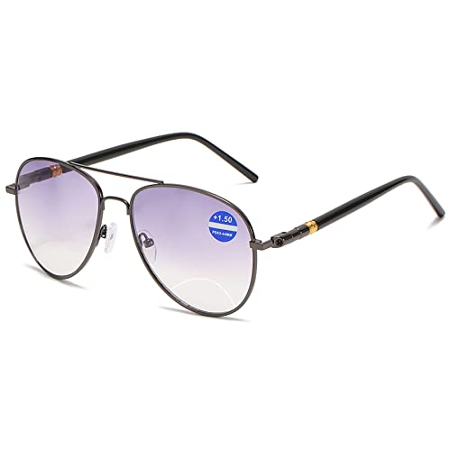 Lanomi Bifokale Pilot Lesebrille Blaulichtfilter Metall Sonnenbrille mit Sehstärke Leicht Grau Leser UV Schutz Sehhilfe Lesehilfe Herren Damen Brille 1.0 1.5 2.0 2.5 3.0 3.5 4.0 Grau 2.0 von Lanomi