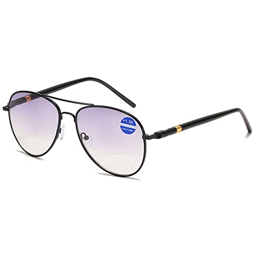 Lanomi Bifokale Pilot Lesebrille Blaulichtfilter Metall Sonnenbrille mit Sehstärke Leicht Grau Leser UV Schutz Sehhilfe Lesehilfe Herren Damen Brille 1.0 1.5 2.0 2.5 3.0 3.5 4.0 Schwarz 1.0 von Lanomi