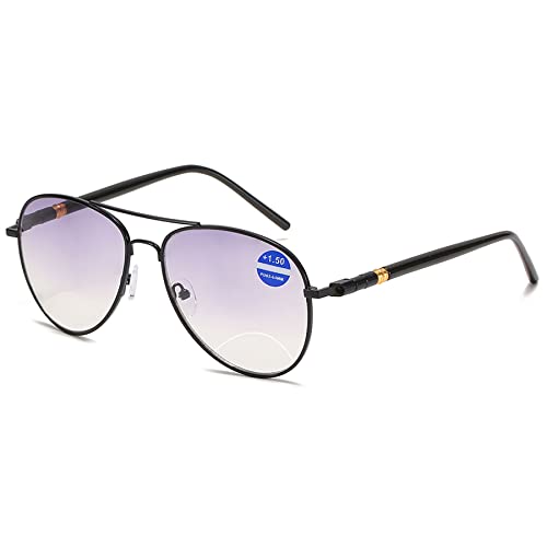 Lanomi Bifokale Pilot Lesebrille Blaulichtfilter Metall Sonnenbrille mit Sehstärke Leicht Grau Leser UV Schutz Sehhilfe Lesehilfe Herren Damen Brille 1.0 1.5 2.0 2.5 3.0 3.5 4.0 Schwarz 1.5 von Lanomi