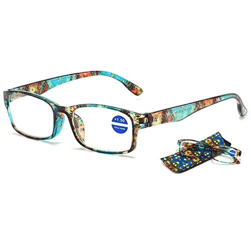 LANOMI Blaulichtfilter Lesebrille Blumenmuster Rechteckig Damen Klassische Kunststoff Rahmen Lesehilfe Sehhilfe Anti Blaulicht Brillen Blau 2.5 von LANOMI