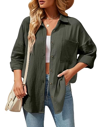 Lanomi Damen Bluse Langarm Karo Einfarbig Hemd Baumwolle Hemdbluse Locker Button Down Oberteile Elegant Langarmshirt mit Knöpfen für Oktoberfest Dunkelgrün S von Lanomi