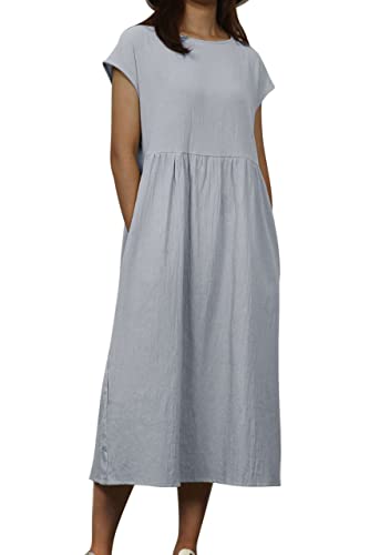 Lanomi Damen Kleid Kurzarm Leinenkleid Sommer Casual Knielang Freizeitkleid Baumwolle Shirt Kleider mit Taschen Grau 3XL von Lanomi