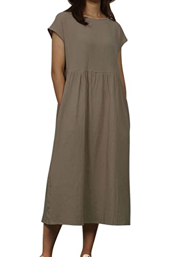 Lanomi Damen Kleid Kurzarm Leinenkleid Sommer Casual Knielang Freizeitkleid Baumwolle Shirt Kleider mit Taschen Khaki 5XL von Lanomi