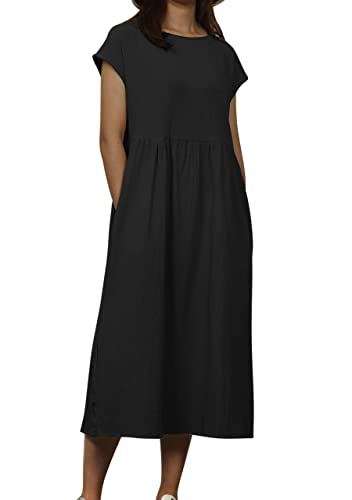 Lanomi Damen Kleid Kurzarm Leinenkleid Sommer Casual Knielang Freizeitkleid Baumwolle Shirt Kleider mit Taschen Schwarz XL von Lanomi