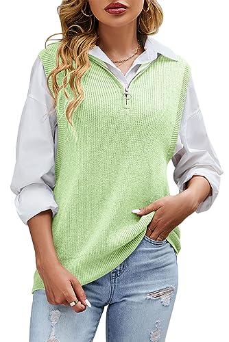 Lanomi Damen Strickpullunder mit V-Ausschnitt Reißverschluss Loose Fit Ärmellos Strickweste Vest Einfarbrig Grobstrick Oberteil 38 40 42 44 Grün S von Lanomi