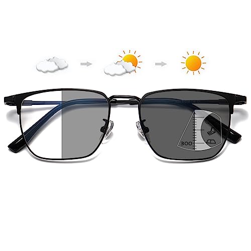 LANOMI Gleitsichtbrille Herren Damen Photochrome Sonnen Lesebrille Blaulichtfilter Metall Dünner Rahmen Selbsttönende Progressive Multifokal Lesehilfe UV400 Brille Schwarz(Photochrome) 3.5 von LANOMI