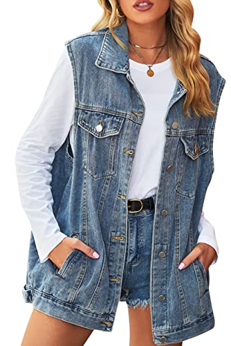 Lanomi Jeansweste Damen Ärmellos Denim Mantel Jacke Knopfleiste Revere Übergangsjacke Jeansjacke Weste mit Taschen Blau M von Lanomi