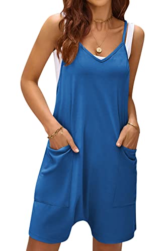 LANOMI Jumpsuit Damen Sommer Kurz Latzhose Ärmellos Overall Casual V-Ausschnitt Playsuit Shorts Weite Bein Romper Einteiler Arbeitshose mit Große Tasche Dunkelblau S von LANOMI