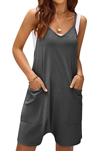 LANOMI Jumpsuit Damen Sommer Kurz Latzhose Ärmellos Overall Casual V-Ausschnitt Playsuit Shorts Weite Bein Romper Einteiler Arbeitshose mit Große Tasche Dunkelgrau XL von LANOMI