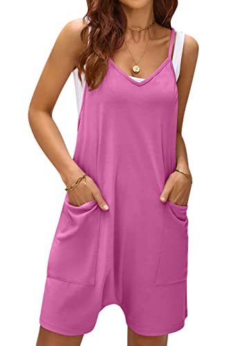 LANOMI Jumpsuit Damen Sommer Kurz Latzhose Ärmellos Overall Casual V-Ausschnitt Playsuit Shorts Weite Bein Romper Einteiler Arbeitshose mit Große Tasche Fuchsie 2XL von LANOMI