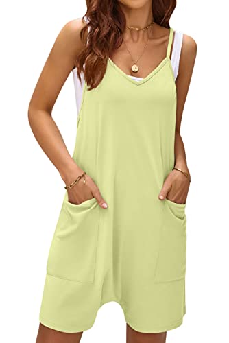 LANOMI Jumpsuit Damen Sommer Kurz Latzhose Ärmellos Overall Casual V-Ausschnitt Playsuit Shorts Weite Bein Romper Einteiler Arbeitshose mit Große Tasche Gelb 2XL von LANOMI