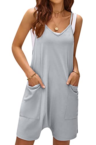 LANOMI Jumpsuit Damen Sommer Kurz Latzhose Ärmellos Overall Casual V-Ausschnitt Playsuit Shorts Weite Bein Romper Einteiler Arbeitshose mit Große Tasche Hellgrau L von LANOMI