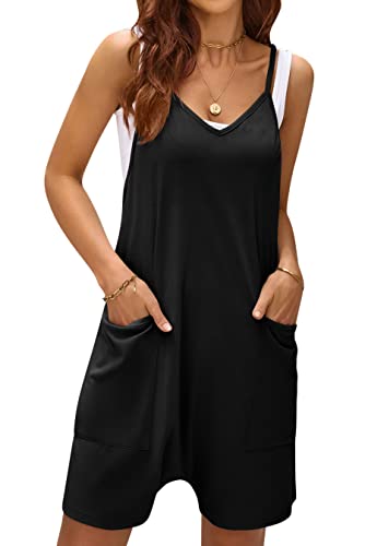 LANOMI Jumpsuit Damen Sommer Kurz Latzhose Ärmellos Overall Casual V-Ausschnitt Playsuit Shorts Weite Bein Romper Einteiler Arbeitshose mit Große Tasche Schwarz M von LANOMI