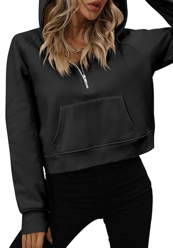 Lanomi Kapuzenpullover Damen Hoodie Sweatshirt Halber Reißverschluss Pullover Langarm Einfarbig Oberteile mit Taschen Schwarz S von Lanomi