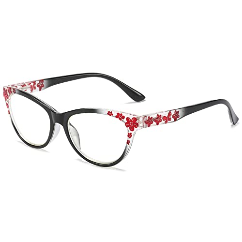 LANOMI Lesebrille Blaulichtfilter Damen Blumen Sehhilfe Lesehilfe Katzenauge Anti Blaulicht Brille 1.0 1.5 2.0 2.5 3.0 3.5 4.0 Schwarz 1.0 von LANOMI