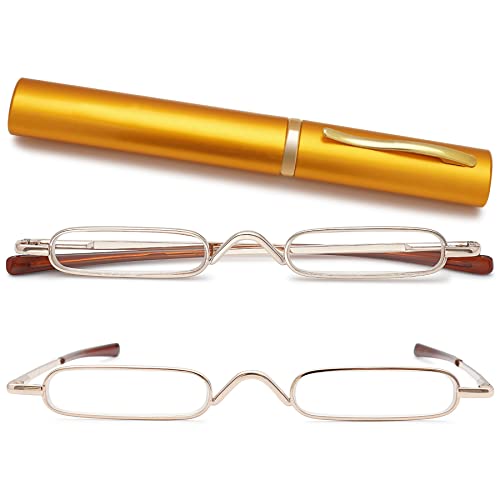 LANOMI Mini Lesebrille Schmal Herrn Damen 1.0 1.25 1.5 1.75 2.0 2.25 2.5 2.75 3.0 3.5 4.0 Leicht Lesehilfe Klein Metall Brille mit Etui(Gold, 1.75) von LANOMI