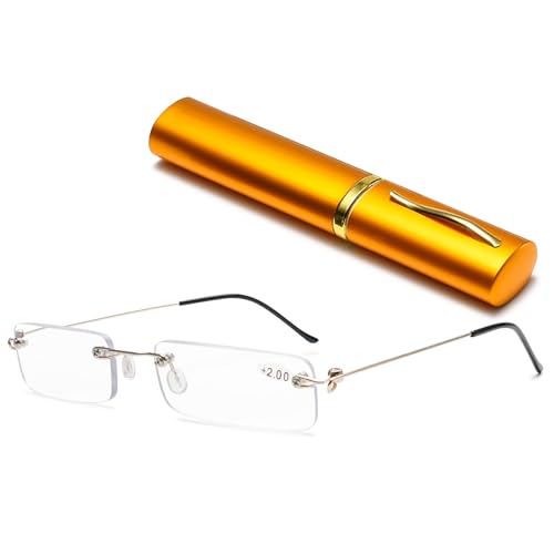 Lanomi Mini rahmenlose Lesebrille Blaulichtfilter Schmal Damen Herren Ultraleichte Rechteck Randlos Lesehilfe Klein Brille mit MetallEtui Gold 1.0 von Lanomi