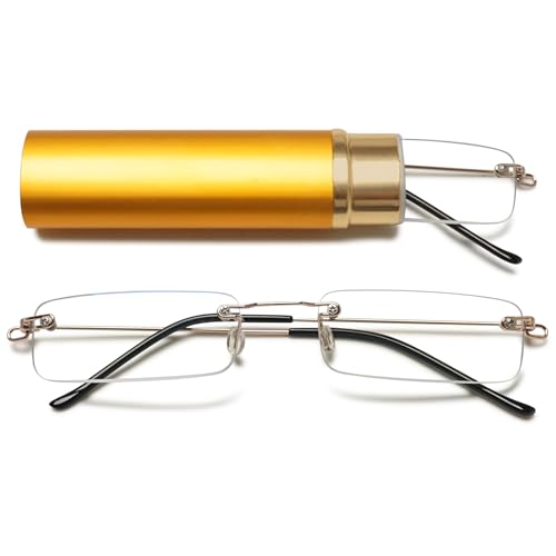 Lanomi Mini rahmenlose Lesebrille Blaulichtfilter Schmal Damen Herren Ultraleichte Rechteck Randlos Lesehilfe Klein Brille mit MetallEtui Gold 1.0 von Lanomi